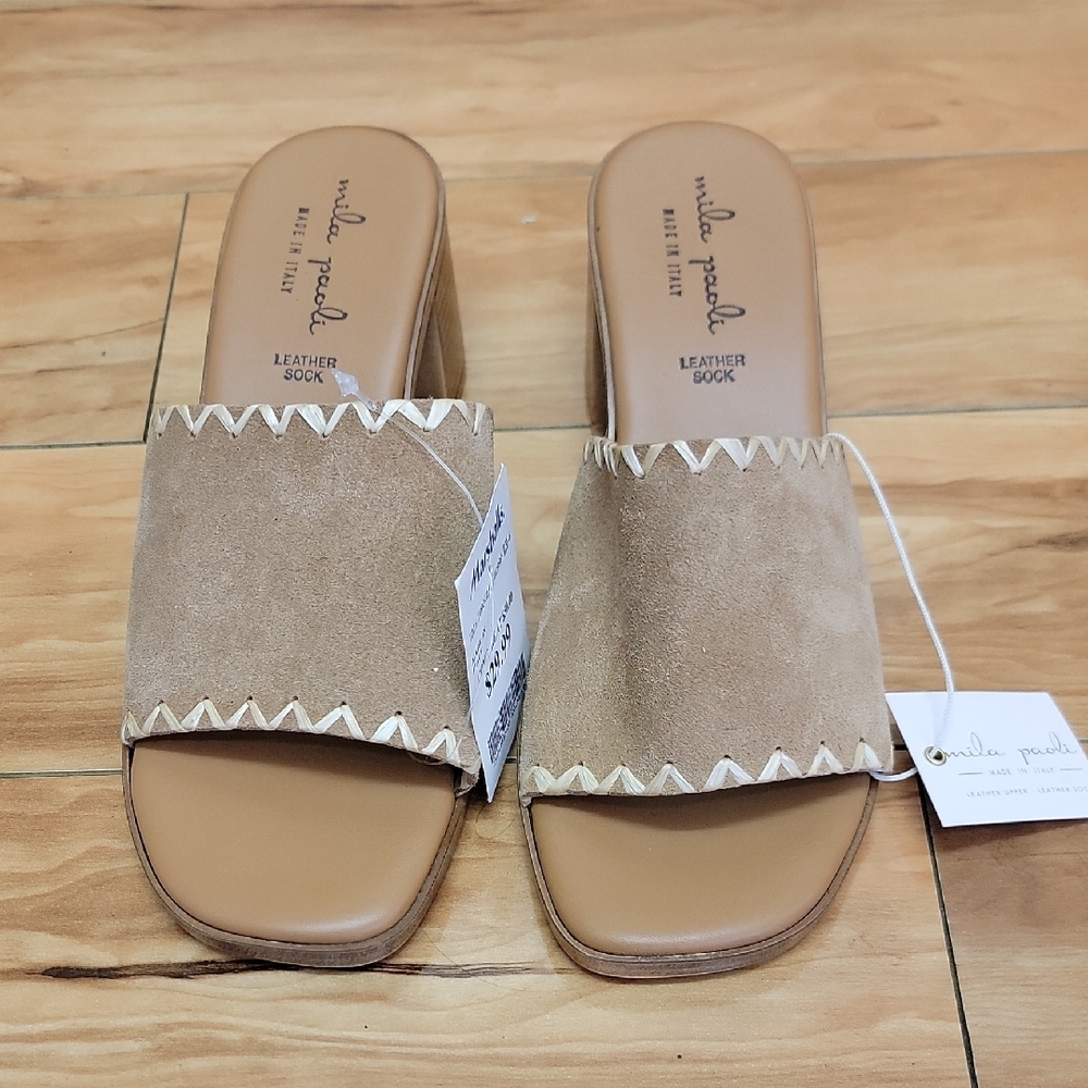 Mila Paoli Size 7.5 Tan Suede Slip On Mule Sandals with Chunky Block Heel NWOB